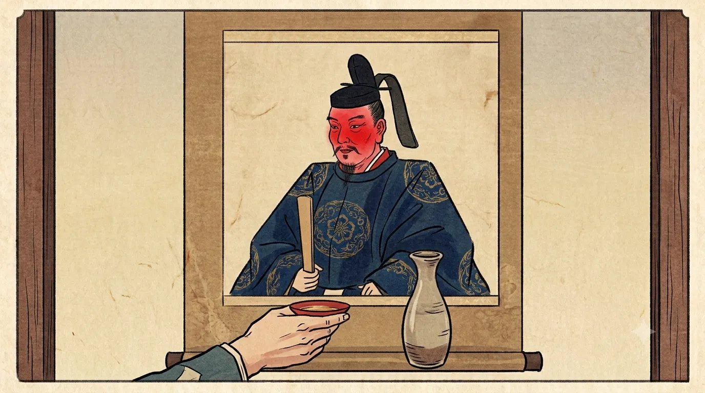 掛軸に描かれた束帯姿の天神。差し出された盃と徳利を前に、顔だけが赤く染まっている